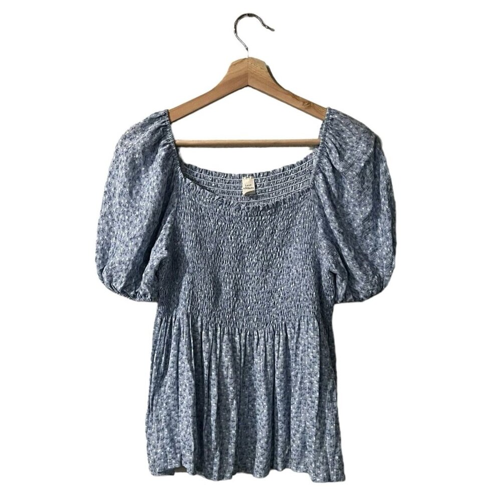 Lazy Sundays Peasant Top Size Small Blue Floral Smocked Shirred Puff Sleeve